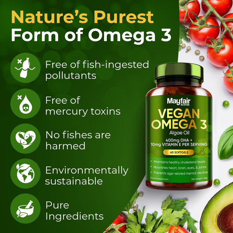 Vegan Omega 3 from Sustainable Algae Oil - 60 Vegan Capsules Rich in Algae Omega 3 Fatty Acids - 400mg DHA & 10mg Vitamin E Per Daily Serving - BeesActive Australia