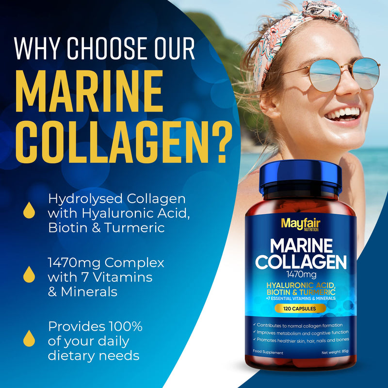 Marine Collagen Tablets - 120 High Strength Capsules - 1470mg Complex with Hyaluronic Acid, Biotin, Turmeric, Vitamin C, E, B2, D3 & 3 Minerals - Hydrolyzed Collagen Supplements for Women - Made in UK 120 Count (Pack of 1) - BeesActive Australia