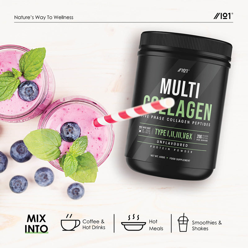 Multi Collagen Protein Powder (400g) - Types I, II, III, V & X - Hydrolyzed Grass Fed Bovine, Wild Caught Fish, & Free-Range Chicken & Eggshell Collagen. Non-GMO, Halal. 400 g (Pack of 1) - BeesActive Australia