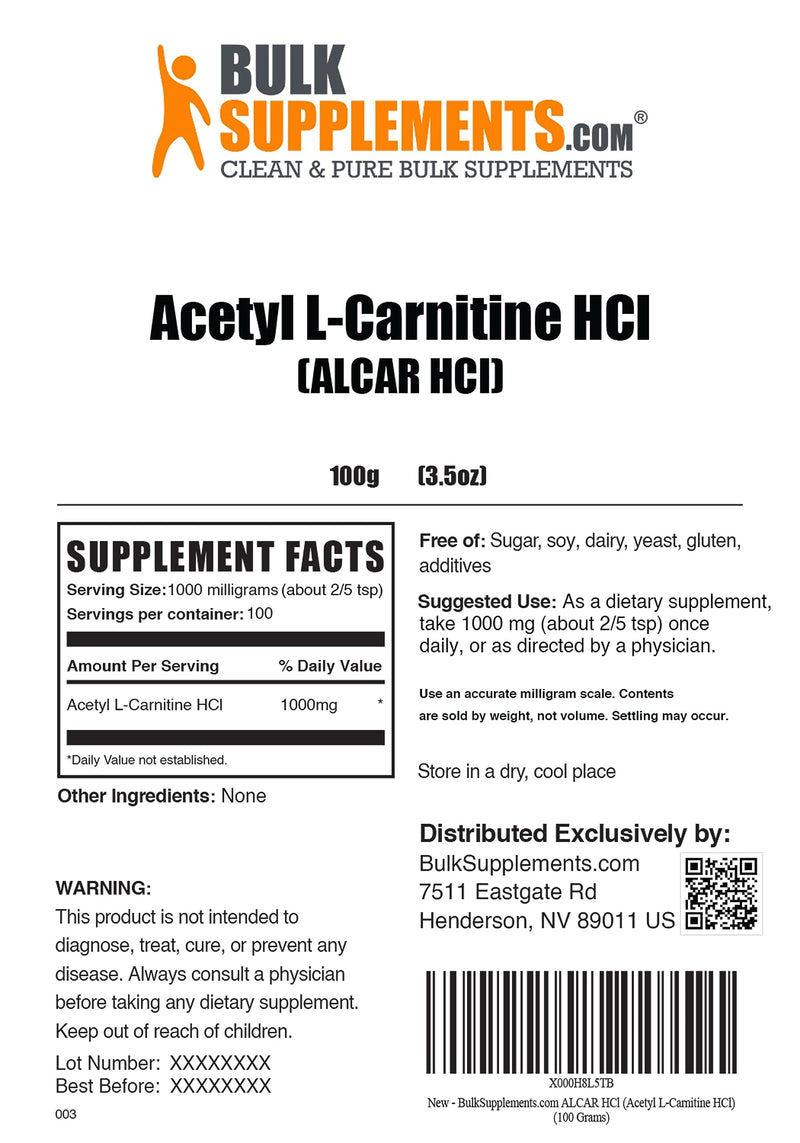 BULKSUPPLEMENTS.COM Acetyl L-Carnitine Powder - ALCAR HCl, Carnitine Supplement, Acetyl L-Carnitine 1000mg - ALCAR Powder, Unflavored & Gluten Free, 1000mg per Serving, 100g (3.5 oz) 3.5 Ounce (Pack of 1) - BeesActive Australia