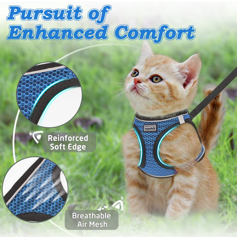 Cat Harness and Leash for Walking Escape Proof, Adjustable Kitten Vest Harness Reflective Soft Mesh Puppy Harness for Outdoor, Comfort Fit, Easy to Control S Blue - BeesActive Australia