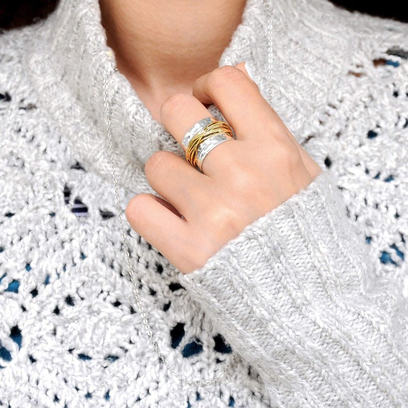 Boho-Magic 925 Sterling Silver Band Ring for Women with Brass Wrap Wide Statement Ring 10 - BeesActive Australia