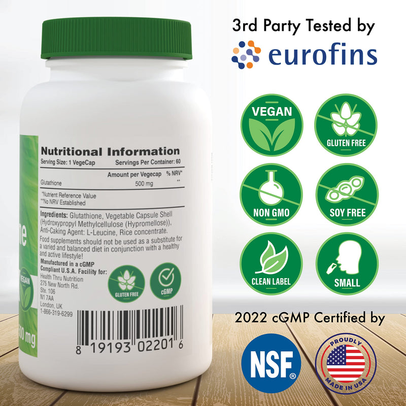 Health Thru Nutrition Glutathione Reduced 500mg | for Radiant Skin, Liver Support & Natural Detox | Vegan, Fermented, Non-GMO, Soy Free & Gluten Free Antioxidant Supplement - 60 Caps - BeesActive Australia