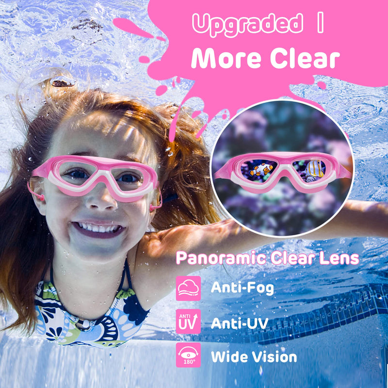 Vvinca Kids Swim Goggles for Kids 3-12, 2022 Upgraded Design with Ear&Nose Plug, Wide View Anit-Fog No Leak Water Pool Goggle 1 Pack Pink - BeesActive Australia