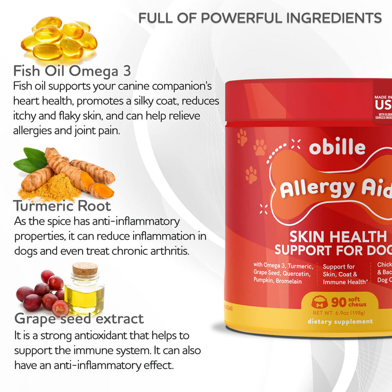 Obille Allergy Aid Dog Chews 198g, 90ct - Relieves Itchy Skin, Healthy Coat, Safe Natural Ingredients, Antioxidant Immunity Booster. with Omega3, Turmeric, Quercetin, Grape Seed, Pumpkin, Bromelain… - BeesActive Australia