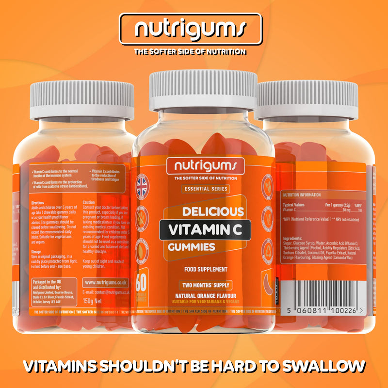 Vitamin C | 60 Orange Flavour Gummies | Two Month Supply | Immune, Energy & Collagen Formation Support | Vegan Suitable by NUTRIGUMS� - BeesActive Australia