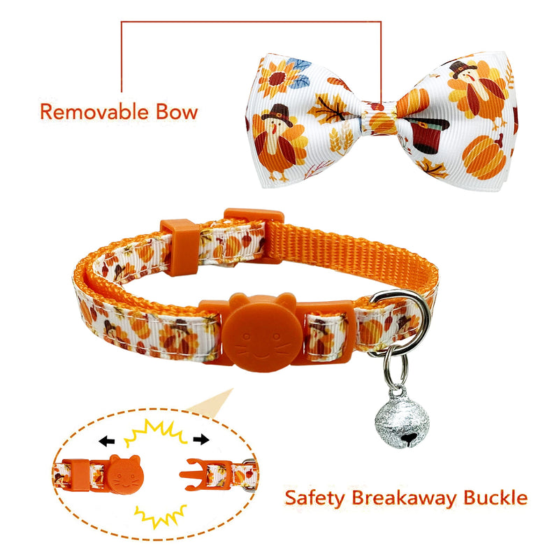 Pohshido 2 Pack Thanksgiving Cat Collar with Removable Bow Tie and Bell, Holiday Safety Breakaway Kitty Kitten Collar with Turkey and Pumpkin Spice Pattern(Adjustable Size from 7.8-12.8 inch) Pattern C - BeesActive Australia