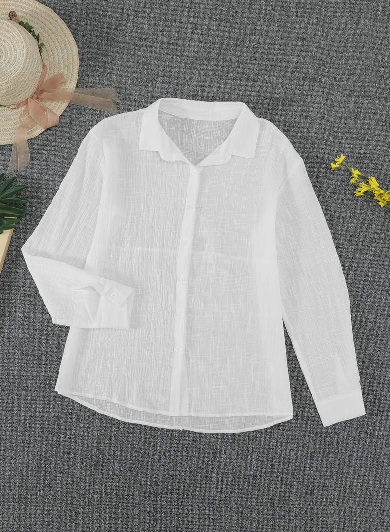 Astylish Womens V Neck Roll up Sleeve Button Down Blouses Tops Medium White - BeesActive Australia