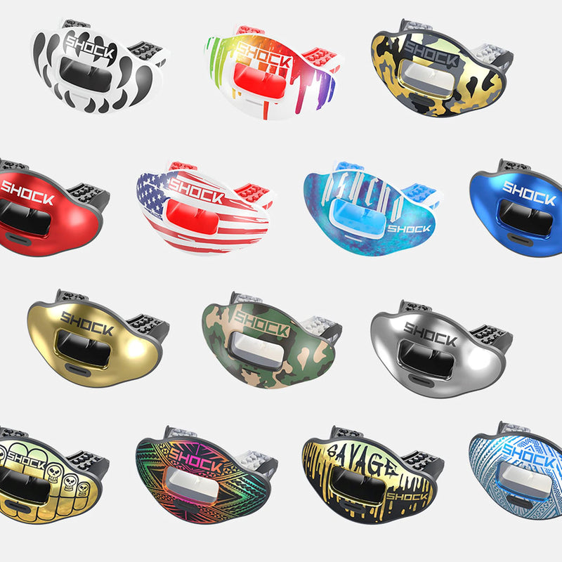 Shock Doctor Max Airflow Lip Guard / Mouth Guard. Football Mouthguard 3300. For Kids / Youth and Adults. Breathable Wide Opening Mouthpiece. Helmet Strap Included Trens Blue/ Clear - BeesActive Australia