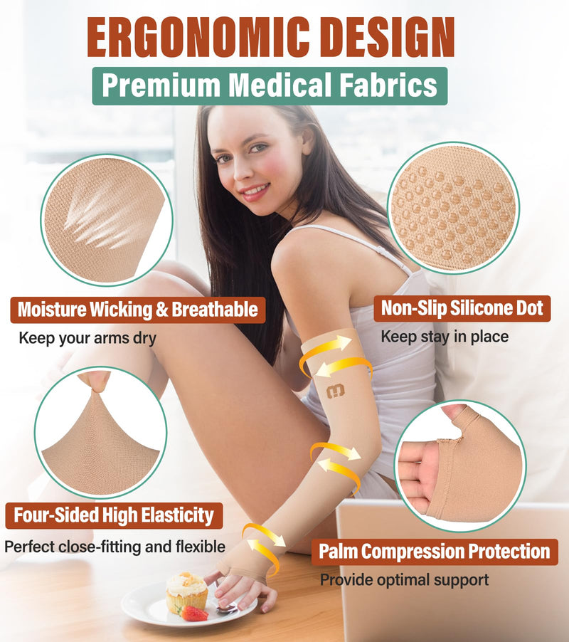 MGANG Lymphedema Compression Arm Sleeve with Gauntlet for Women Men, Opaque, 15-20 mmHg Medical Graduated Compression Full Arm Support, Thumb Lymph Edema Arm Sleeve, Pain Relief, Arthritis, Beige XL X-Large (Single) 15-20mmhg Beige - BeesActive Australia