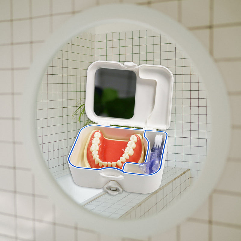 Denture Bath Case Cup Box with Mirror & Clean Brush, Portable Denture Holder Storage Soak Container for Travel Cleaning, Mouth Guard Night Gum Retainer Container - BeesActive Australia