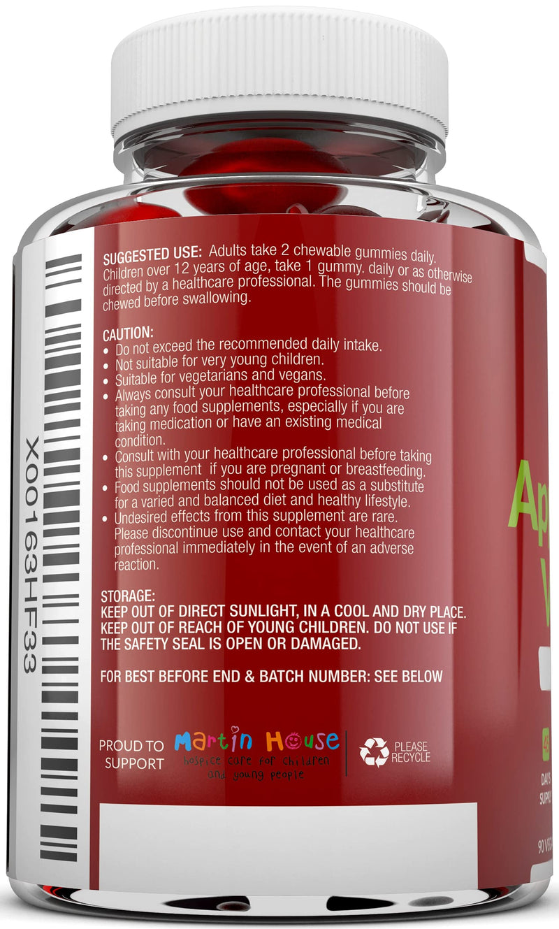 Apple Cider Vinegar Gummy 1000mg - 90 Vegan Gummies - High Strength Complex with Vitamin C, B12, B6, Folic Acid, Pomegrante & Beetroot - ACV Gummies with The Mother - 45 Day Supply - BeesActive Australia