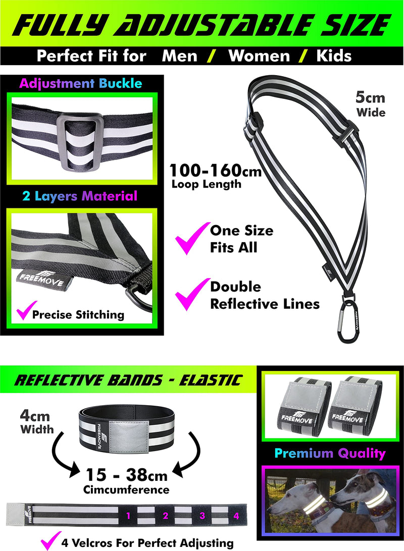 FREEMOVE Reflective SASH with 2 Bands - or - Reflective Runners Waist Belt with 4 Arm Bands > Easy to Put On/Off Reflective Gear for Guaranteed Visibility & Safety for Dog Walking, Running, Cycling Black SASH and BANDS - BeesActive Australia