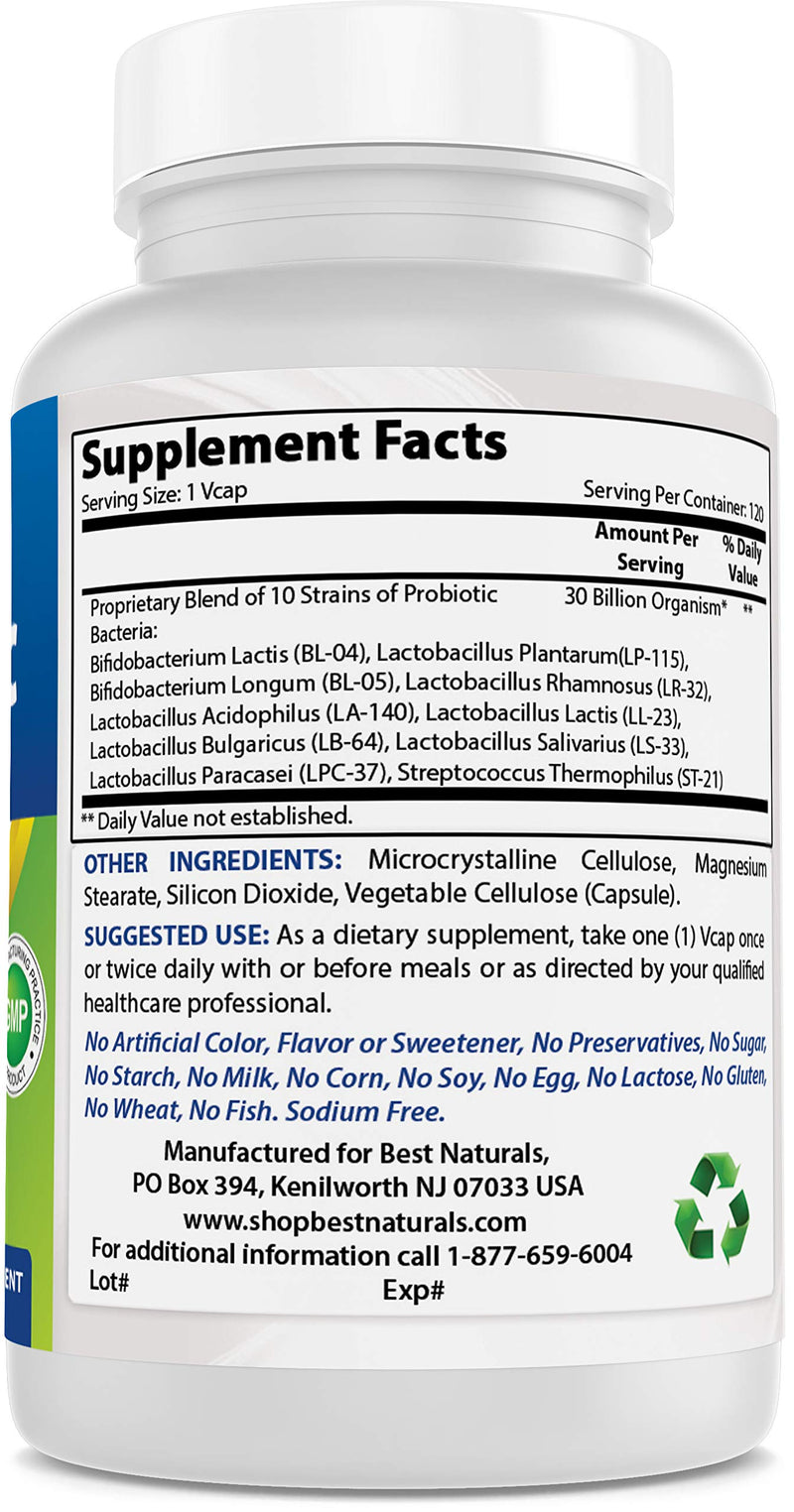 Best Naturals Probiotic 10 Strains & 30 Billion CFU Intestinal Flora, 120 Veggie Capsules - Shelf Stable probiotic (4146365) 120 Count (Pack of 1) - BeesActive Australia