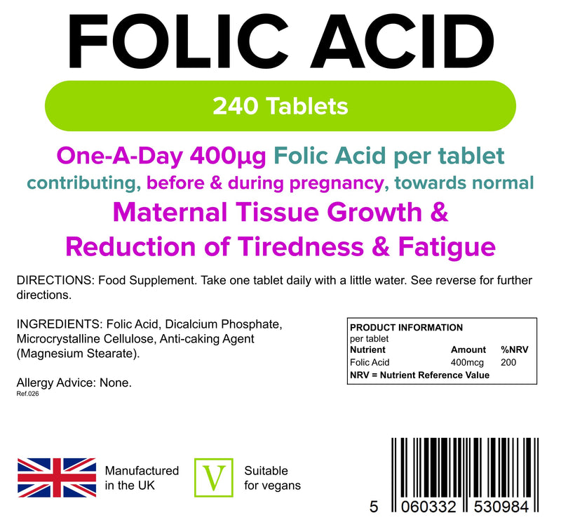 Lindens Folic Acid 400mcg - 240 Vegan Tablets - Pregnancy, UK Made to GMP | Immune Health, Energy and Vitality, Blood Formation, Psychological Function, Amino Acid | Made in the UK, Letterbox Friendly - BeesActive Australia