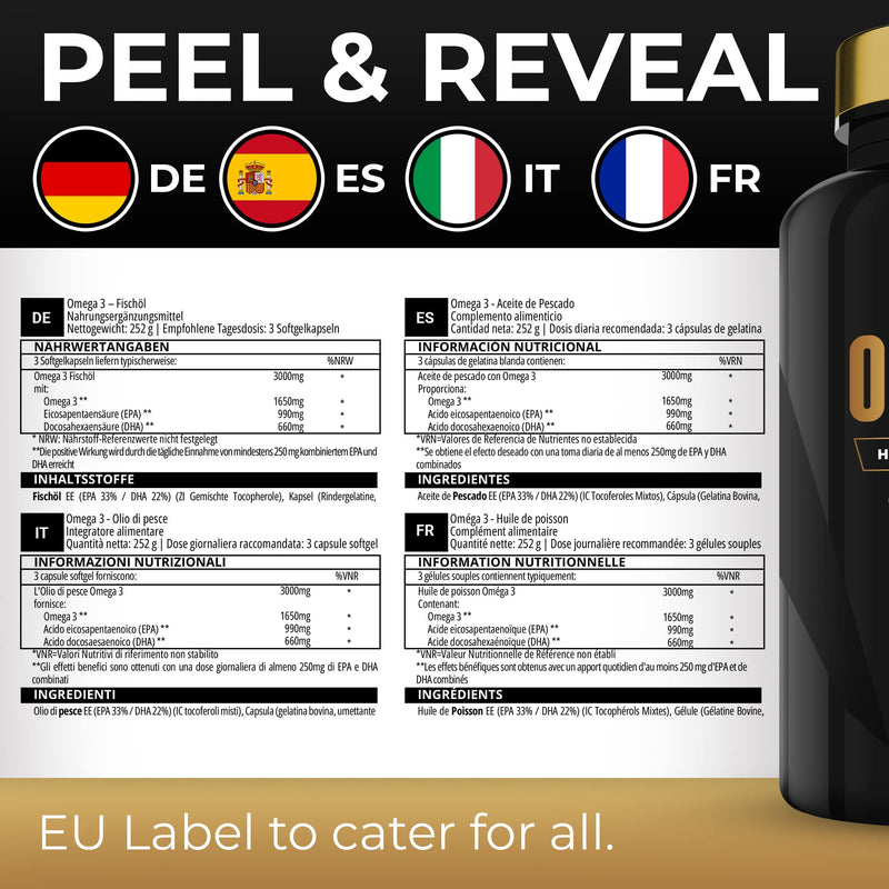 Omega 3 Fish Oil - 180 High Strength Capsules - 990mg EPA & 660mg DHA per Daily Serving - 2 Months Supply - Made in UK - BeesActive Australia