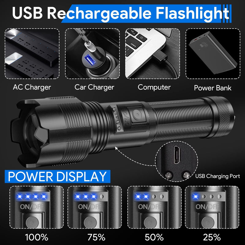 2 Pack Rechargeable LED Tactical Flashlights High Lumens, MoreZra 8000 Lumens Super Bright LED Flash Light, IPX5 Waterproof, Zoomable, 5 Modes Handheld Flashlight Gear for Camping, Emergency, Home - BeesActive Australia