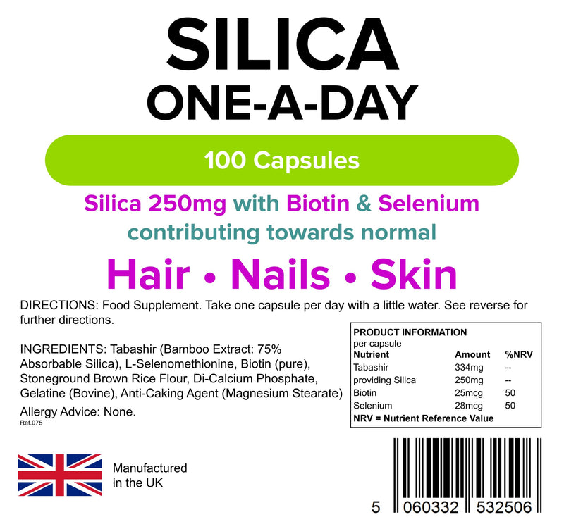 Lindens Silica 250mg Capsules - 100 Pack - Fortified with Biotin & Selenium contributes to Healthy Hair, Nails & Skin in a Convenient one-a-Day Capsule - UK Manufacturer, Letterbox Friendly - BeesActive Australia