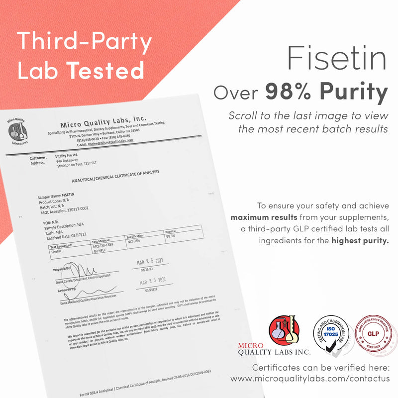 Fisetin 100mg x 60 Capsules - Third Party Tested Over 98% Purity - Natural Fisetin Supplement - Vitality Pro - BeesActive Australia