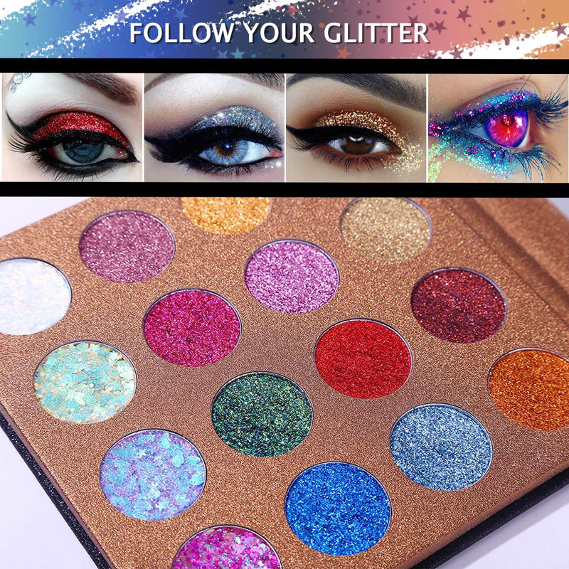 UCANBE Pro Glitter Eyeshadow Palette - Professional 16 Colors - Chunky & Fine Pressed Glitter Eye Shadow Powder Makeup Pallet Highly Pigmented Ultra Shimmer for Face Body - BeesActive Australia