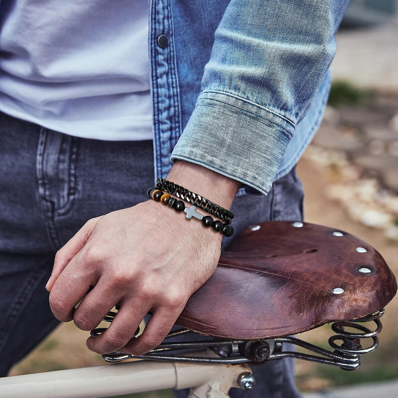 MEALGUET 2 pcs Men's Stainless Steel Bracelets : Black Gemstone Tiger Eye and Agate Cross Beaded Bracelet and Stainless Steel Chain Matching Bracelets Set for Men or Women,Men's Jewelry Gift 8.4"black chain+cross bead bracelet - BeesActive Australia