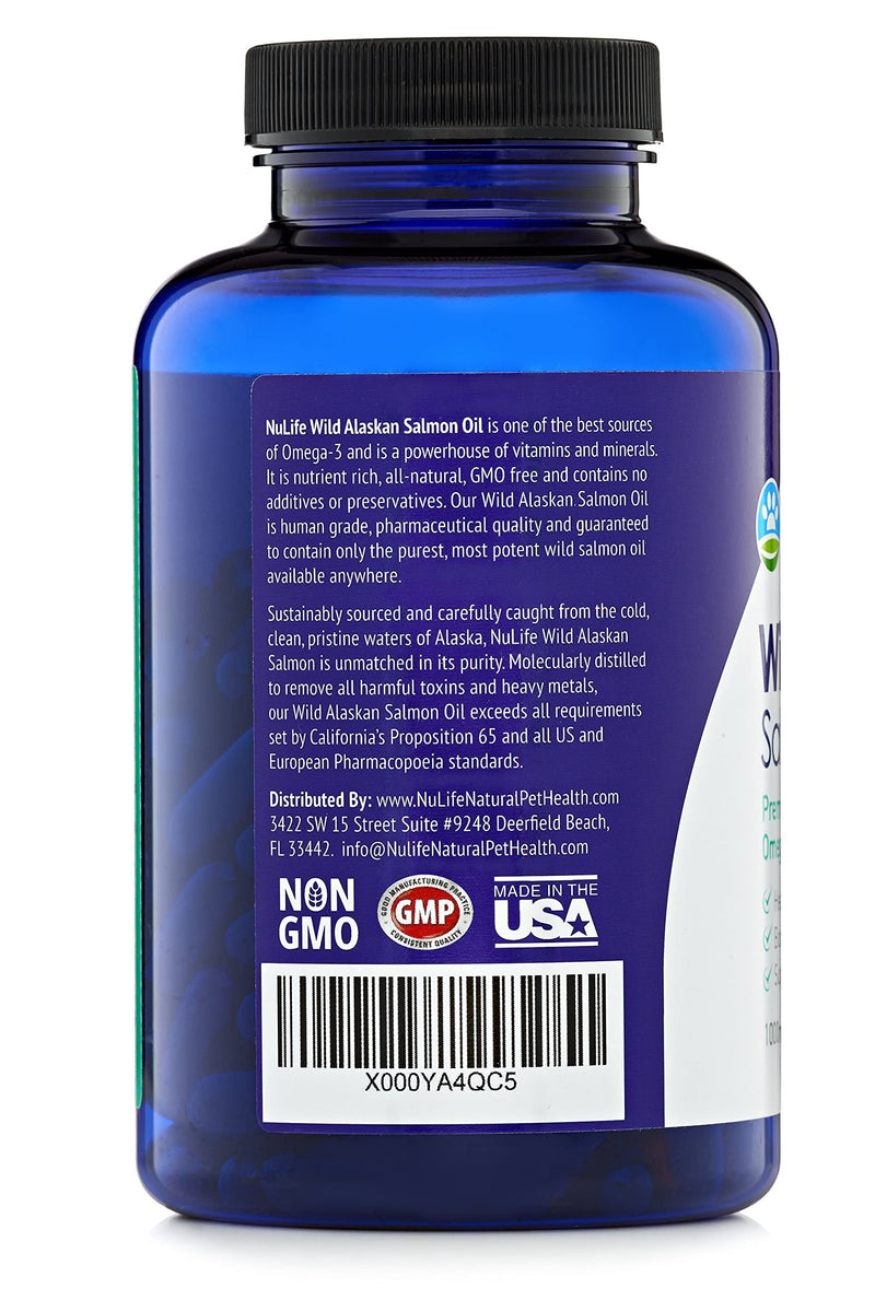 NuLife Natural Pet Health Pure Wild Alaskan Salmon Oil for Dogs, Omega 3 Fish Oil Supplement for Healthy Skin & Shiny Coat, Prevents Itchy Skin, Skin Allergies & Shedding, 120 Soft Capsules - BeesActive Australia