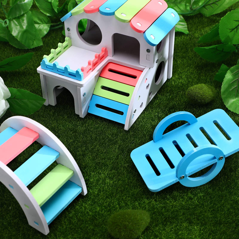 Skylety 3 Pieces Fun Hamster Toys Guinea Pig Hideout Include Wooden Hamster House, Rainbow Bridge, Hamster Seesaw Toy DIY Wooden Exercise Play Toys for Small Hamsters Rainbow Color - BeesActive Australia
