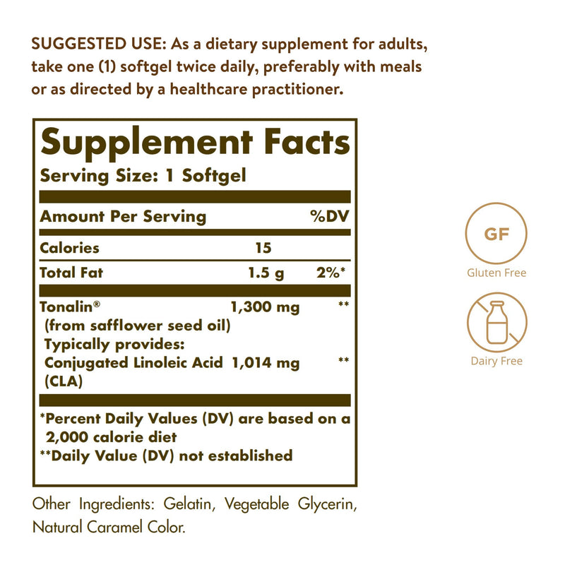 Solgar Tonalin CLA 1300 mg, 60 Softgels - Essential Omega-6 Fatty Acid - Derived from Non-GMO Safflower Seed Oil - Gluten Free, Dairy Free - 60 Servings 60 Count (Pack of 1) Frustration-free Packaging - BeesActive Australia