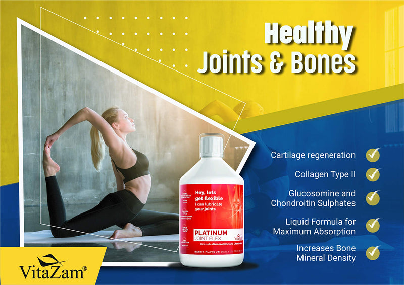 VitaZam Glucosamine and Chondroitin High Strength Platinum Joint Flex 500 ml Liquid MSM, Chondroitin Sulphates with Strong Osteoarthritis Formulation for Bones and Joint Health, Berry Flavour - BeesActive Australia