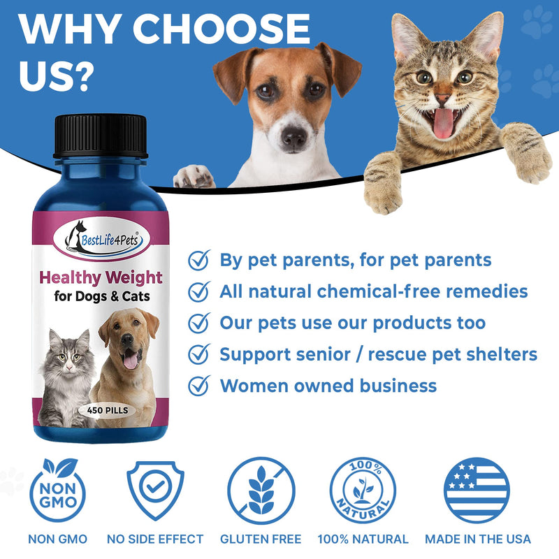 Healthy Weight Supplement for Cats and Dogs - Helps Overweight Pets Control Obesity Through Healthy Fat Burning, Improved Metabolism and Gentle Suppression of Appetite and Cravings (450 Pills) - BeesActive Australia