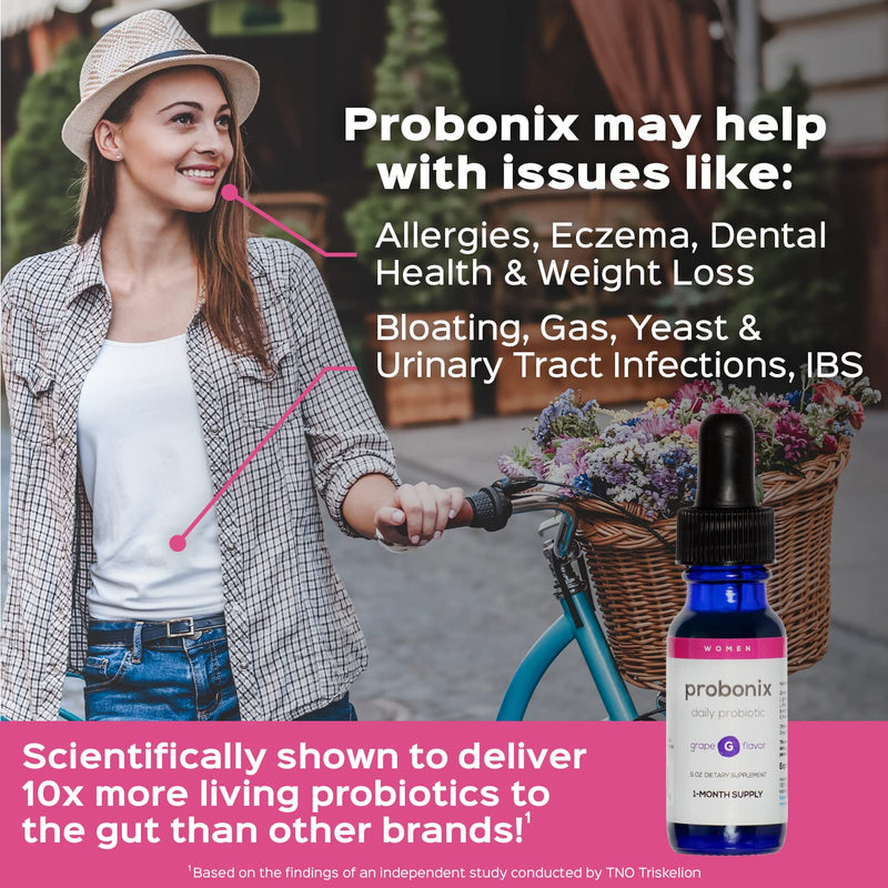 Probonix Probiotics for Women, Organic, Non-GMO Liquid Probiotic Drops,12 Live Probiotic Strains, Lactobacillus Acidophilus, Help with Gut Health, Yeast and Urinary Tract Infections - Grape - BeesActive Australia