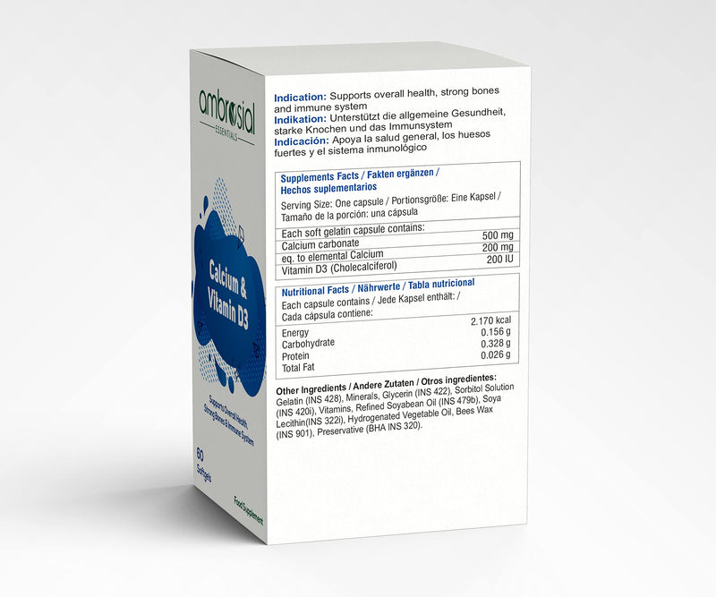 Ambrosial Calcium & Vitamin D Tablets | High Potency Calcium Supplement for Bone Health, Muscles & Teeth | High Strength Calcium Tablets (Pack of 1-60 Softgels) Pack of 1- 60 Softgels - BeesActive Australia