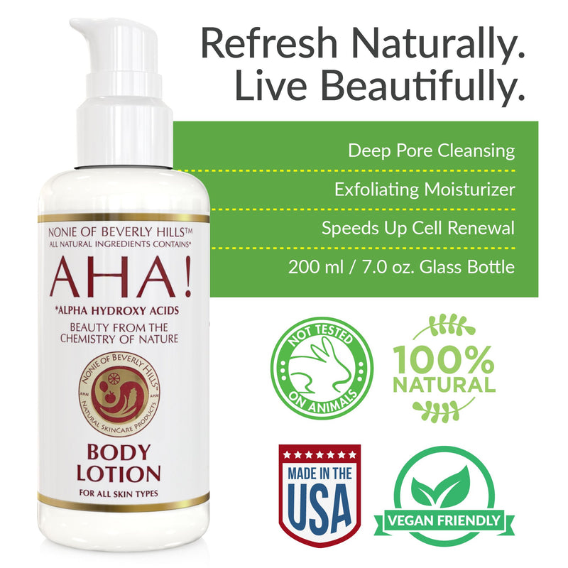 Nonie AHA All-Natural Body Lotion with Coconut Oil, Wheat Germ Oil, Citrus Mix of Lemon, Grapefruit, Orange, Bergamot & Neroli Oils; Alpha Hydroxy Acids from extracts of Bilberry, Sugar Cane, Maple Cane, Orange & Lemon Oils; Coconut Emulsifier, Orchid ... - BeesActive Australia