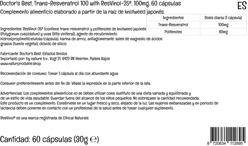 Doctor's Best, Trans-Resveratrol 100 with ResVinol, 100mg, 60 Vegan Capsules, Lab Tested, Gluten Free, SOYA Free, Vegetarian - BeesActive Australia