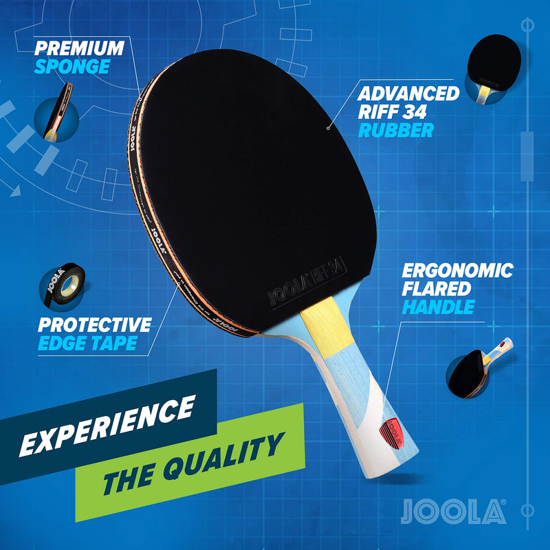 JOOLA Omega Strata - Table Tennis Racket with Flared Handle - Tournament Level Ping Pong Paddle with Riff 34 Table Tennis Rubber - Designed for Spin Light Blue - BeesActive Australia