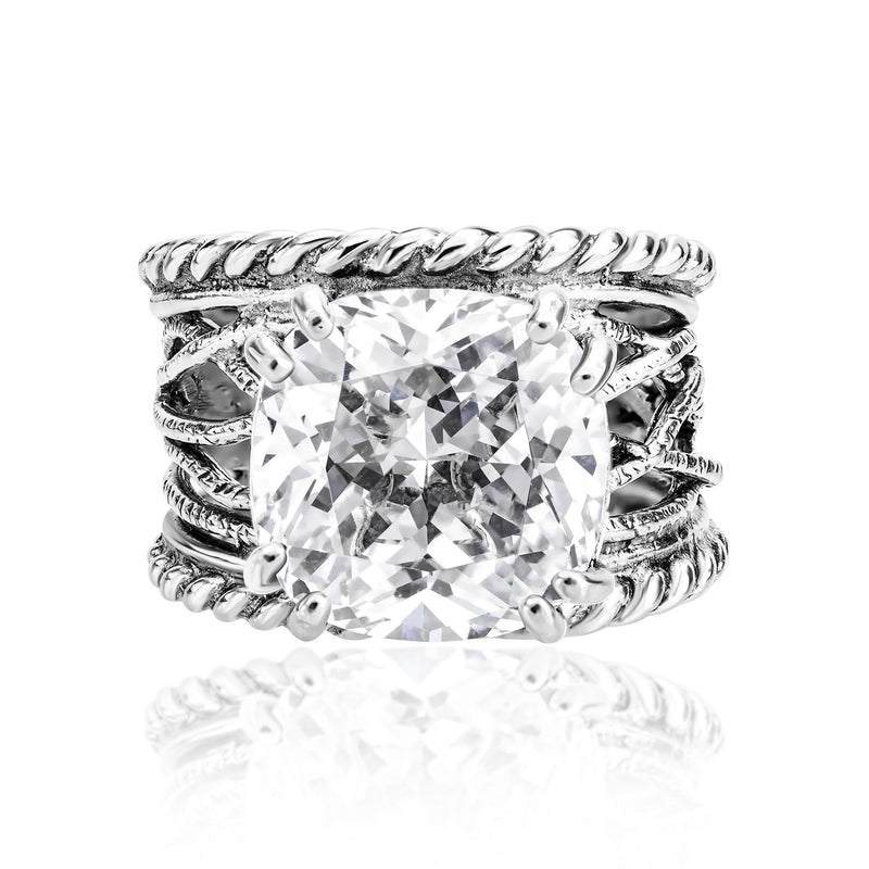 925 Sterling Silver Statement Ring White Cushion Shaped Cubic Zirconia CZ Organic Look Vintage Antique Look Hypoallergenic Nickel and Lead-free Artisan Handcrafted Designer collection, Made In Isra 0 9 - BeesActive Australia