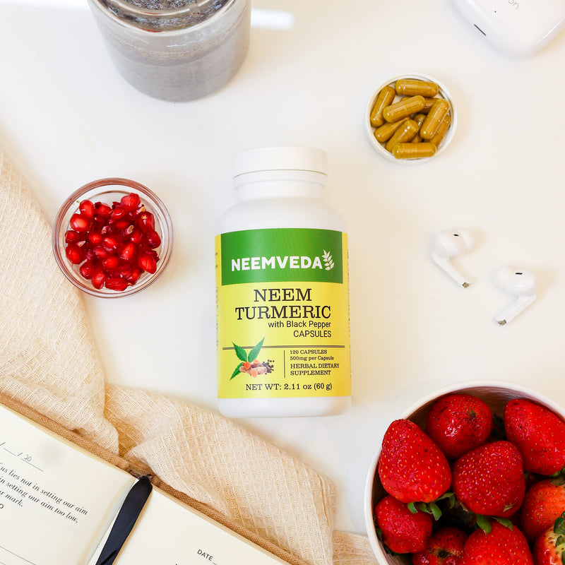 Neemveda Neem Turmeric Capsules with Black Pepper 120 Veg Capsules (Detox, Eczema, Skin Supplement) - BeesActive Australia