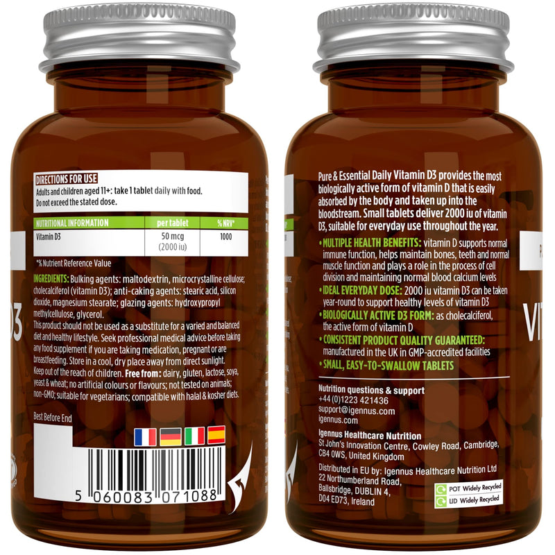 Pure & Essential Daily Vitamin D3 2000iu, 1-Year Supply, Cholecalciferol, Vegetarian, 365 Small Tablets - BeesActive Australia