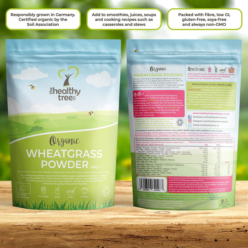 Organic Wheatgrass Powder by TheHealthyTree Company - High in Fibre, Vitamin E, Potassium and Iron - Pure Vegan Wheat Grass from Germany, Perfect in Green Juices (250g) 250 g (Pack of 1) - BeesActive Australia