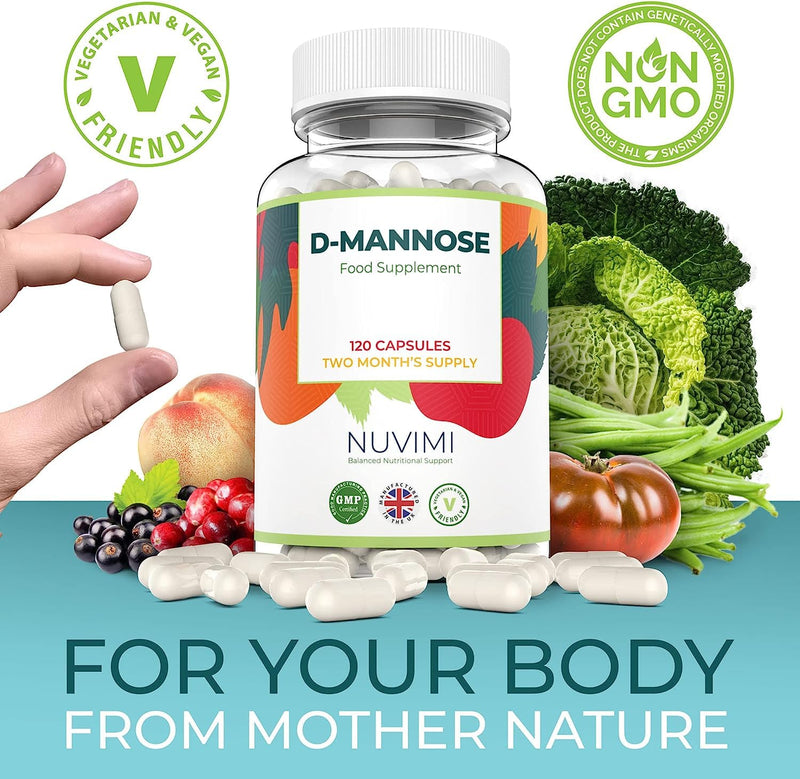 D Mannose 120 Capsules, 1000 mg per Dose, Promotes Urinary Tract Health, Natural Vegan UTI Defence by NUVIMI® - BeesActive Australia