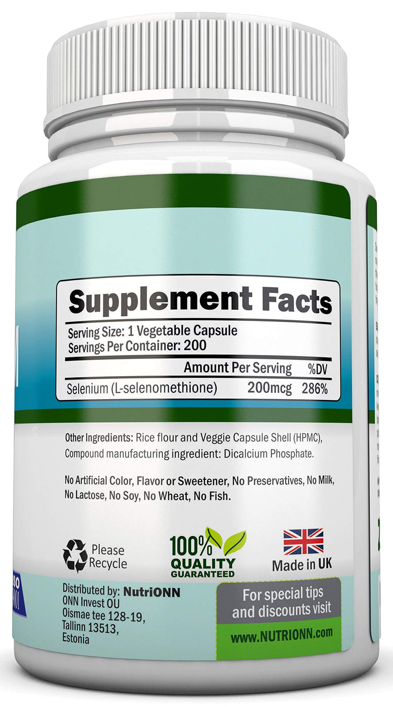 Selenium - 200mcg - 200 Vegetarian Capsules - Yeast Free Formula - Essential Trace Mineral - Pure Selenium (l-Selenomethionine) Supplement - Great for Hormones, Cardiovascular Health and Immune System - BeesActive Australia
