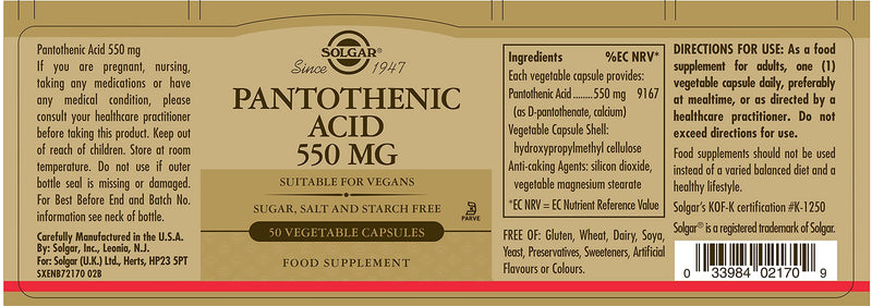 Solgar Pantothenic Acid 550 mg Vegetable Capsules - Pack of 50 - Reduces Tiredness and Fatigue - For Daily Use - Vegan and Gluten Free - BeesActive Australia