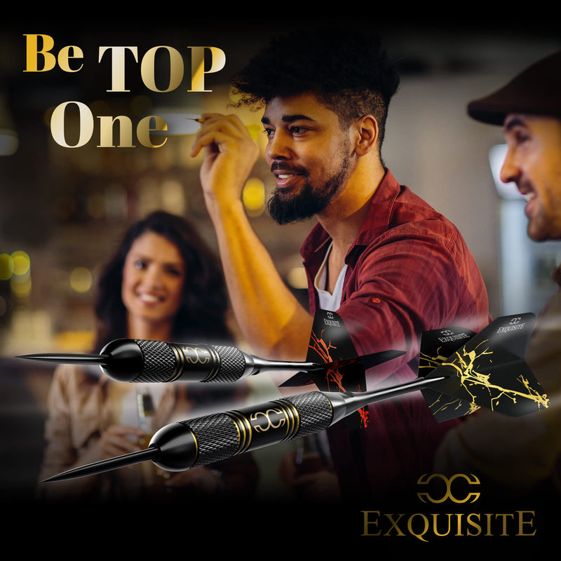 CC-Exquisite Professional Steel Tip Darts Set - 6 x 22g Brass Barrels with 12 Flights Standard/Slim, 12 Aluminum Shafts 35/48mm, 12 O-Rings, Dart Tool, Dart Sharpener and Case (Black & Gold) Lines- 22g - BeesActive Australia