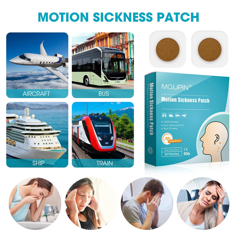 MQUPIN® Motion Sickness Patch Anti-Nausea Relief Vomiting Nausea Dizziness, Sea Sickness Patch 100% Natural Herb Treatment, Fast Acting, Suit for Car, Ships, Airplanes Travel, 20 Count/Box 20 Count (Pack of 1) ＋0 Wristband - BeesActive Australia