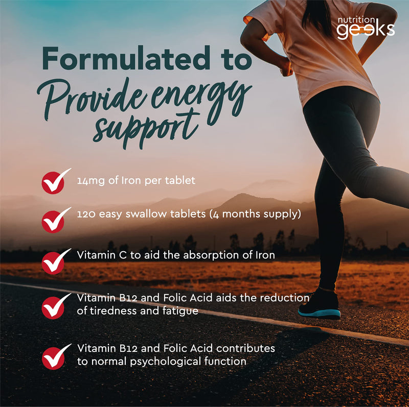 Iron Tablets High Strength Tablets with Vitamin C, B12 & Folic Acid - 120 Vegan Supplements for Women and Men - 14mg Iron Vitamin for Enhanced Energy Support & Increased Absorption | UK - BeesActive Australia