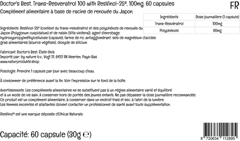 Doctor's Best, Trans-Resveratrol 100 with ResVinol, 100mg, 60 Vegan Capsules, Lab Tested, Gluten Free, SOYA Free, Vegetarian - BeesActive Australia