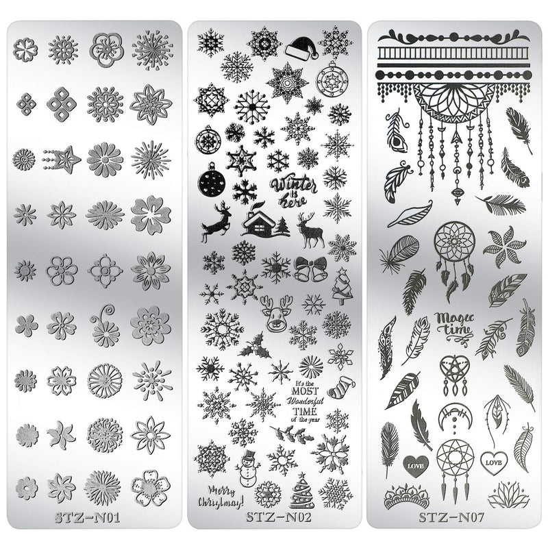 Mwoot 6Pcs Pretty Nail Art Stamping Plate Set Cat Feather Snowflakes Leaves Theme Manicure Print Tool - BeesActive Australia