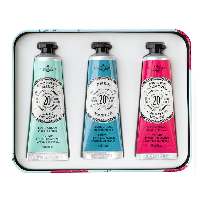 La Chatelaine Hand Cream Aqua Trio Tin Gift Set | Ready-To-Give | Plant-Based | Made in France with 20% Organic Shea Butter | Nourishing & Moisturizing | 3 x 1 fl oz (Shea, Coconut Milk, Sweet Almond) 1 Fl Oz (Pack of 3) - BeesActive Australia