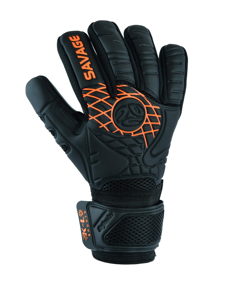 K-LO Fingersave Goalkeeper-Soccer Goalie Gloves- Savage Blackout-Professional Extra Precision Grip, German Latex Build-Negative Cut, Inside Silicone Gel, Non-Slip-Youth-Kids + Adult Sizes-Black Black and Orange 5 - BeesActive Australia
