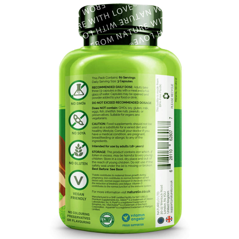 NATURELO Prenatal Multivitamin - Natural Vitamins & Minerals Including Active Folate, Iron & Calcium - Essential Nutrients During Pregnancy & Conception - No GMOs - 180 Vegan Capsules | 2 Month Supply 180 Count (Pack of 1) - BeesActive Australia